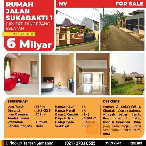 (TSI/15543) Rumah Jl. Sukabakti 1, Ciputat, Tangerang Selatan, 16.5x33.5 M, 1 Lt, SHM
