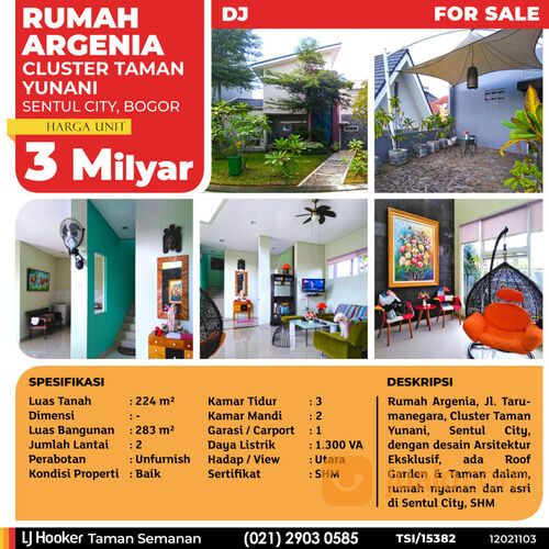 (TSI/15382) Rumah Argenia, Cluster Taman Yunani, Sentul City, Bogor, 224 M, 2 Lt, SHM