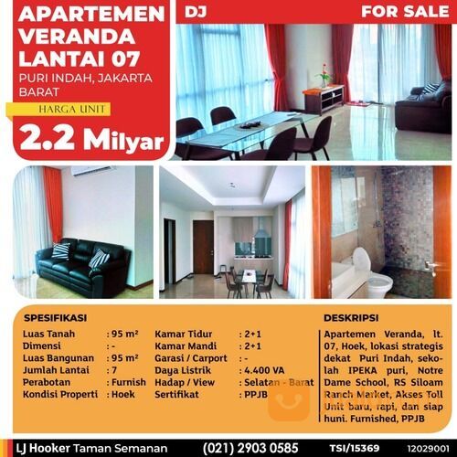 (TSI/15369) Apartemen Veranda, Puri Indah, Jakarta Barat, 95 M, Lt. 07, PPJB