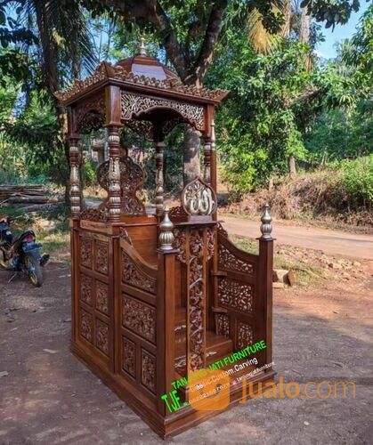 Mimbar Masjid Kubah Tangga Pintu Depan Podium Kayu Jati Kode Tjf 88