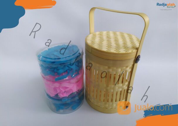 Keranjang Bambu Tempat Kue Kering Isi 3 Toples Anyaman Seseg