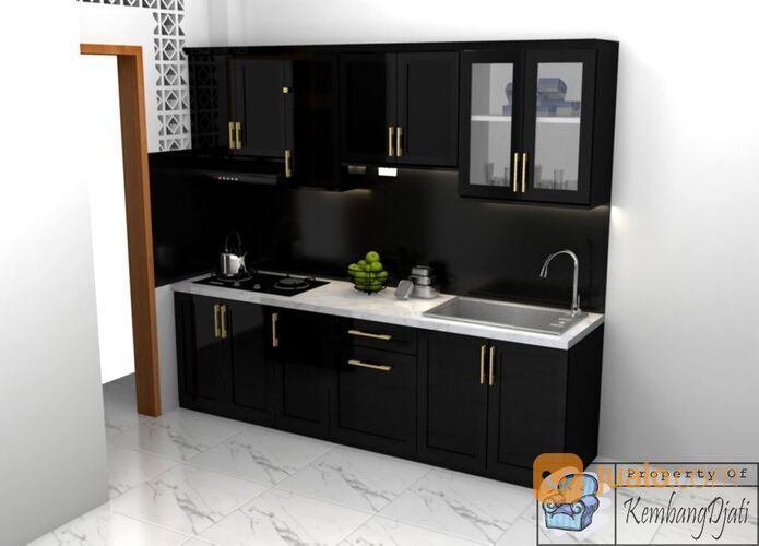 Kitchen Set Warna Hitam Glossy Top Table Granit Asli Corak Carara White
