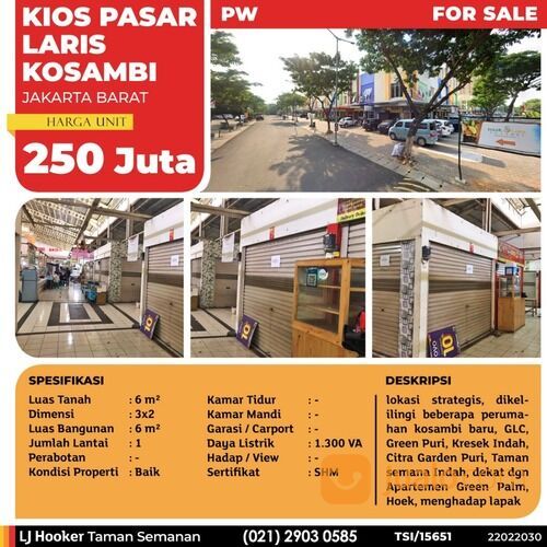 (TSI/15651) Kios Pasar Laris, Kosambi, Jakarta Barat, 3x2 M, 1 Lt, SHM