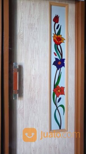 Pintu Kamar Mandi PVC Lux Motif Kaca Ukir Lukis Bunga Warna Coklat