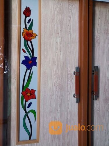 Pintu Kamar Mandi PVC Lux Motif Kaca Ukir Lukis Bunga Warna Coklat