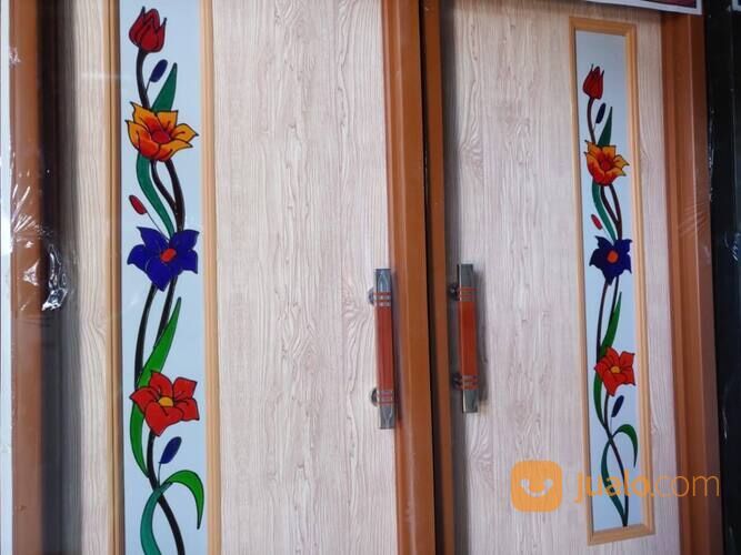 Pintu Kamar Mandi PVC Lux Motif Kaca Ukir Lukis Bunga Warna Coklat