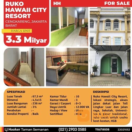 (TSI/15535) Ruko Hawaii City Resort, Cengkareng, Jakarta Barat, 4.5x15 M, 3 Lt, HGB