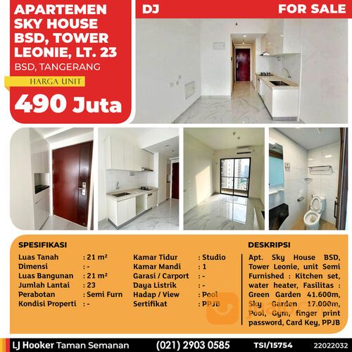 (TSI/15754) Apartemen Sky House BSD, Tower Leonie, Tangerang, 21 m², Lt. 23, PPJB