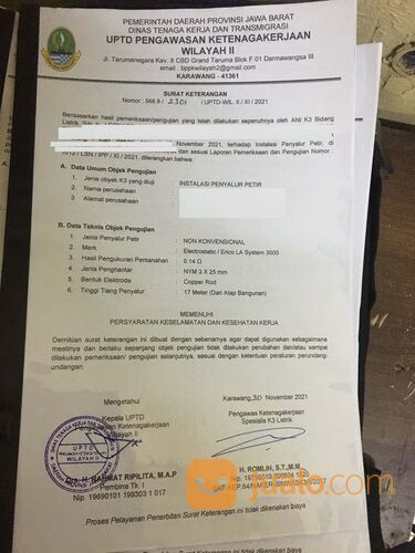 jasa Ijin Dan Sertifikasi Disnaker Provinsi Pasang Penangkal dan penyalur Petir
