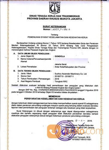 Jasa Pengurusan Surat izin alat Gondola Sertifikat alat Gondola