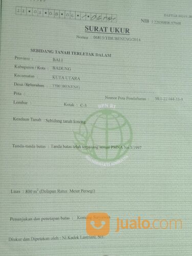 Tanah 8 Are, Jl. Pangkung Palu Subak Daksina Tibubeneng Canggu Kuta Utara