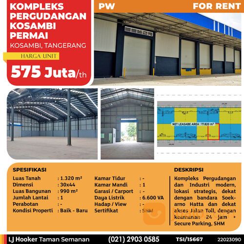 (TSI/15667) Kompleks Pergudangan Kosambi Permai, Tangerang, 30x44 m², 1 Lt, SHM