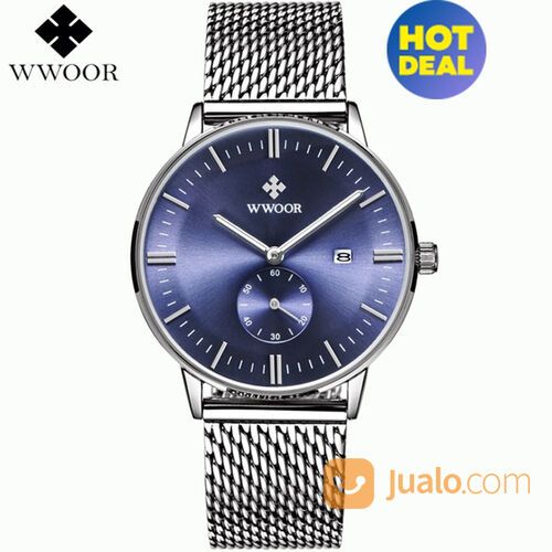 Jam Tangan Pria Style Fashion Formal Strap Gelang Rantai Stainleess WWOOR 8808 BLUE Original