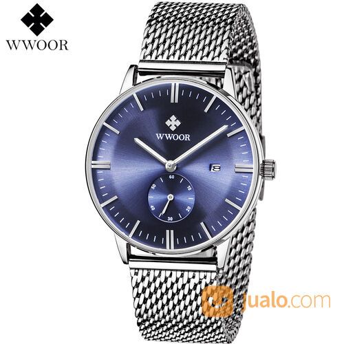 Jam Tangan Pria Style Fashion Formal Strap Gelang Rantai Stainleess WWOOR 8808 BLUE Original