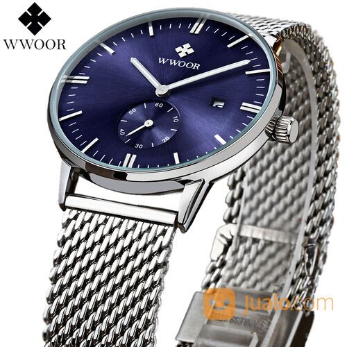 Jam Tangan Pria Style Fashion Formal Strap Gelang Rantai Stainleess WWOOR 8808 BLUE Original
