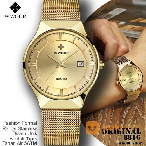 Jam Tangan Wwoor 8816 Luxury Gold Rantai Anti Karat Formal Tipis Mewah Elegan Anti Air Original