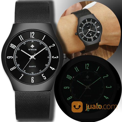 WWOOR Pria 8829 Elegan - Jam Tangan Tipis Tali Rantai - Luminous - Full Black - Original