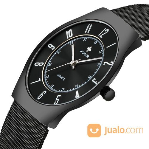 WWOOR Pria 8829 Elegan - Jam Tangan Tipis Tali Rantai - Luminous - Full Black - Original