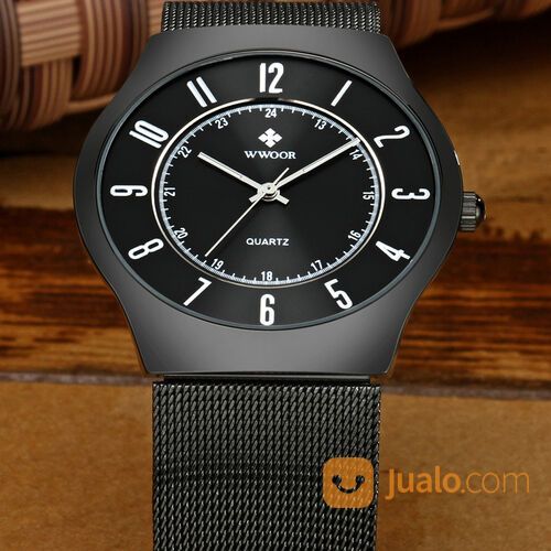 WWOOR Pria 8829 Elegan - Jam Tangan Tipis Tali Rantai - Luminous - Full Black - Original