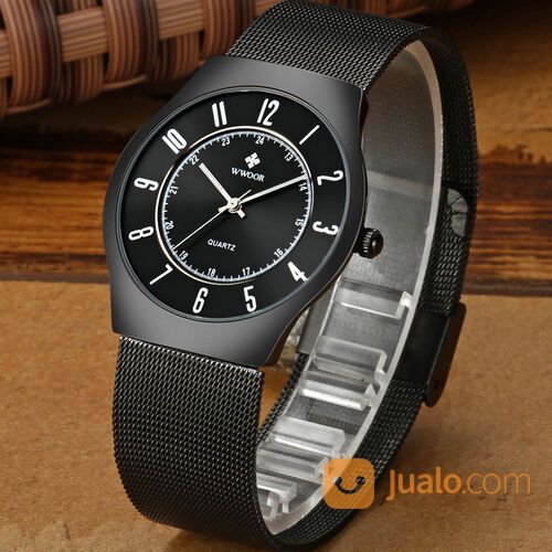 WWOOR Pria 8829 Elegan - Jam Tangan Tipis Tali Rantai - Luminous - Full Black - Original