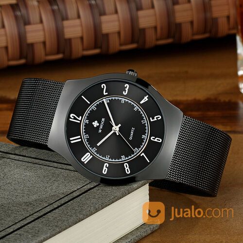 WWOOR Pria 8829 Elegan - Jam Tangan Tipis Tali Rantai - Luminous - Full Black - Original