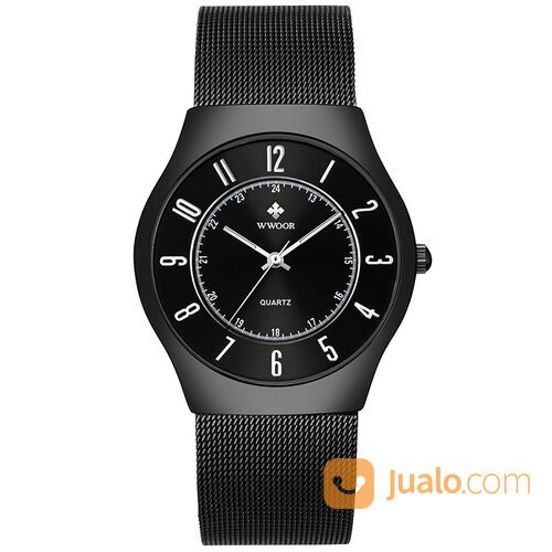 WWOOR Pria 8829 Elegan - Jam Tangan Tipis Tali Rantai - Luminous - Full Black - Original