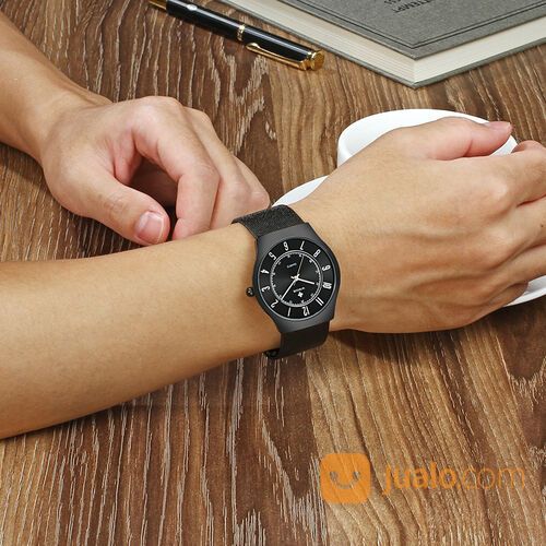 WWOOR Pria 8829 Elegan - Jam Tangan Tipis Tali Rantai - Luminous - Full Black - Original