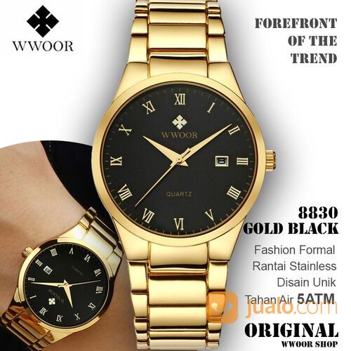 WWOOR 8830 Simple dan Elegan Gold Black Jam Tangan Pria Rantai Stainless Anti Air Original
