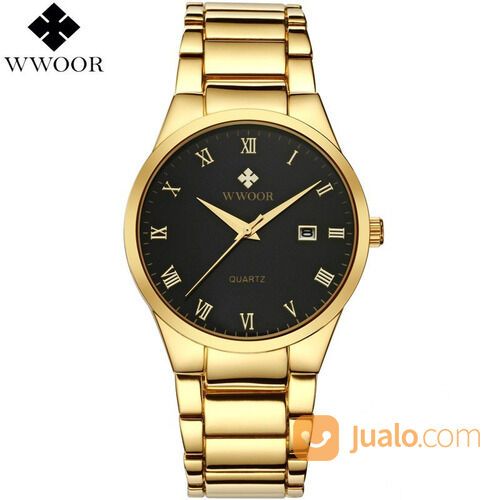 WWOOR 8830 Simple dan Elegan Gold Black Jam Tangan Pria Rantai Stainless Anti Air Original
