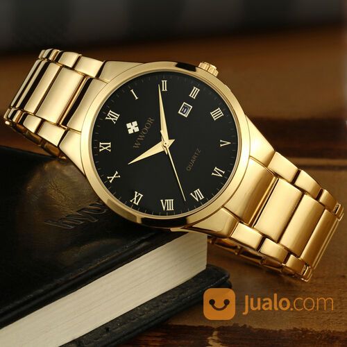WWOOR 8830 Simple dan Elegan Gold Black Jam Tangan Pria Rantai Stainless Anti Air Original