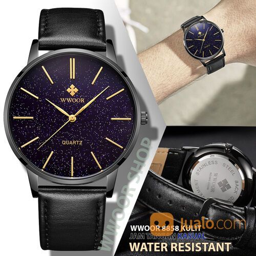 Jam Tangan Pria WWOOR 8853 Unisex Strap Kulit Tahan Air Kaca Hardlex Gaya Kasual Terbaru Original