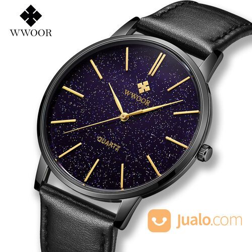Jam Tangan Pria WWOOR 8853 Unisex Strap Kulit Tahan Air Kaca Hardlex Gaya Kasual Terbaru Original