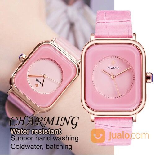 Jam Tangan Fashion Wanita Kasual Tali Kulit Petak Rectangle WWOOR 8873 Pink Tahan Air Original