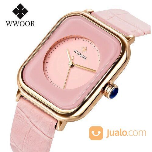 Jam Tangan Fashion Wanita Kasual Tali Kulit Petak Rectangle WWOOR 8873 Pink Tahan Air Original