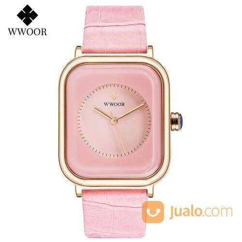 Jam Tangan Fashion Wanita Kasual Tali Kulit Petak Rectangle WWOOR 8873 Pink Tahan Air Original
