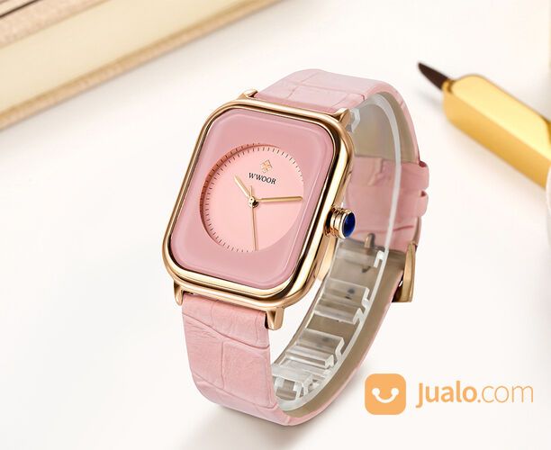 Jam Tangan Fashion Wanita Kasual Tali Kulit Petak Rectangle WWOOR 8873 Pink Tahan Air Original