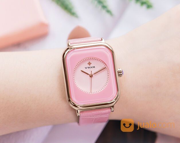 Jam Tangan Fashion Wanita Kasual Tali Kulit Petak Rectangle WWOOR 8873 Pink Tahan Air Original