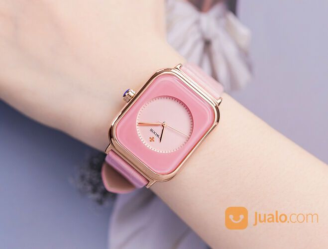Jam Tangan Fashion Wanita Kasual Tali Kulit Petak Rectangle WWOOR 8873 Pink Tahan Air Original