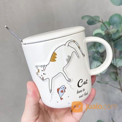 Gelas Mug Kucing Timbul Lucu + Tutup Sendok Mug Cangkir Teh Dan Kopi