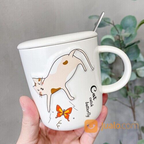 Gelas Mug Kucing Timbul Lucu + Tutup Sendok Mug Cangkir Teh Dan Kopi