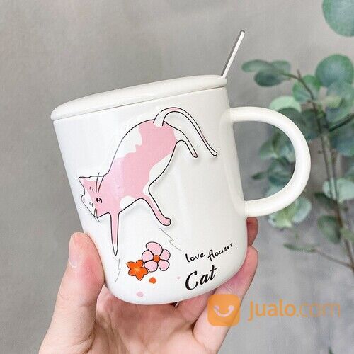 Gelas Mug Kucing Timbul Lucu + Tutup Sendok Mug Cangkir Teh Dan Kopi