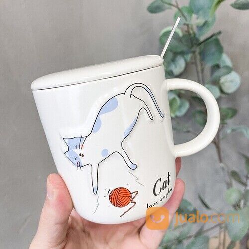 Gelas Mug Kucing Timbul Lucu + Tutup Sendok Mug Cangkir Teh Dan Kopi