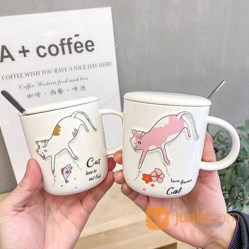 Gelas Mug Kucing Timbul Lucu + Tutup Sendok Mug Cangkir Teh Dan Kopi