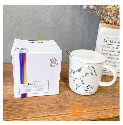 Gelas Mug Kucing Timbul Lucu + Tutup Sendok Mug Cangkir Teh Dan Kopi