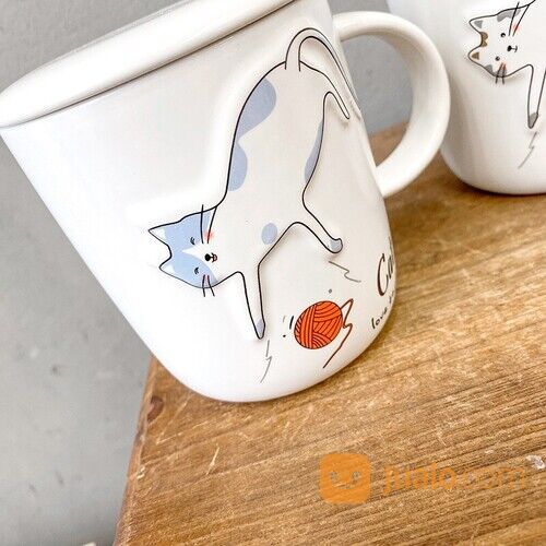 Gelas Mug Kucing Timbul Lucu + Tutup Sendok Mug Cangkir Teh Dan Kopi