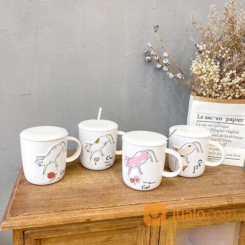 Gelas Mug Kucing Timbul Lucu + Tutup Sendok Mug Cangkir Teh Dan Kopi