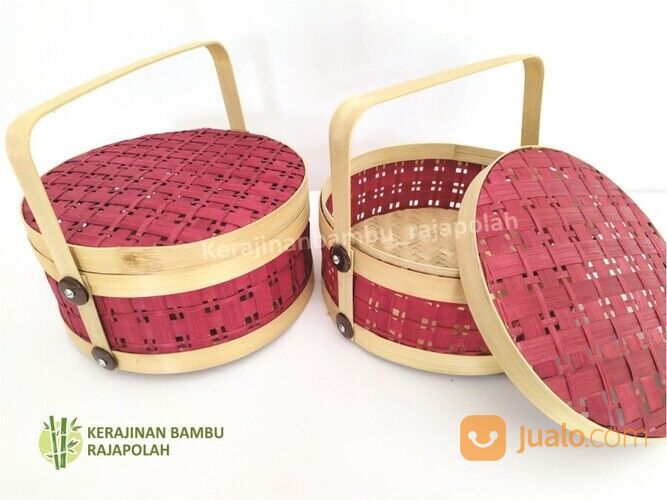 TENONG BAMBU ANYAMAN MATA ITIK WARNA MERAH DIAMETER 25CM