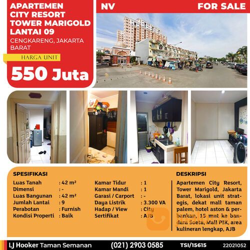 (TSI/15615) Apartemen City Resort, Tower Marigold, Jakarta Barat, 42 m², Lt. 09, AJB