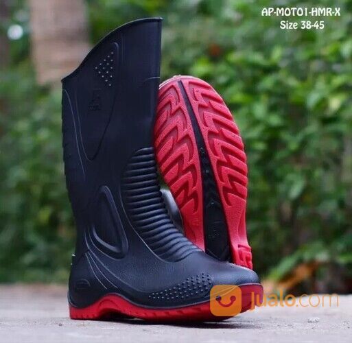 Sepatu boot moto 1 tinggi hitam merah,ap boots biker motor anti slip fashion pria