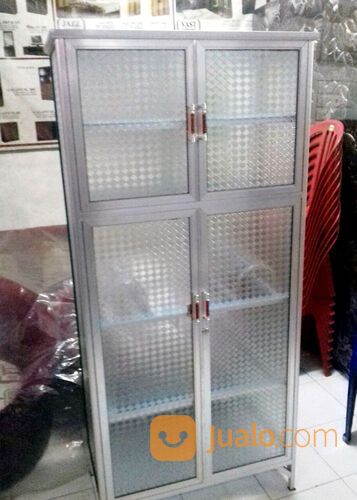 Rak Piring Aluminium 4 Pintu Frame Putih Kaca Es 75-165